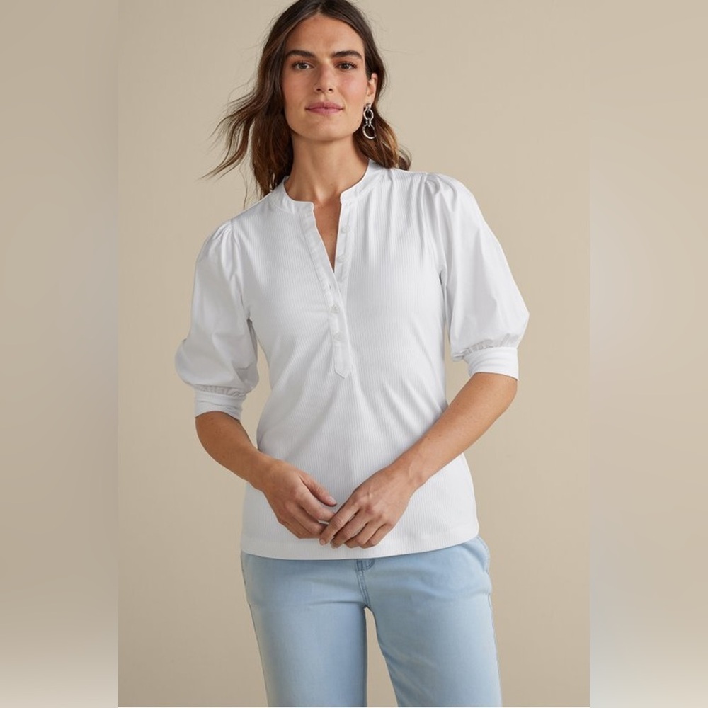 Soft Surroundings White Puff Sleeve Ribbed Henley Top Size Small